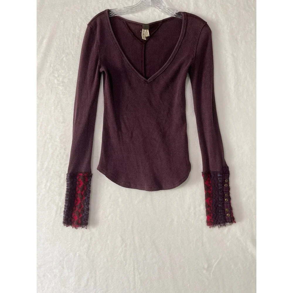 Free People Sz Sm Art School Embroidered V-Neck Waffle Knit Long Sleeve Top Boho